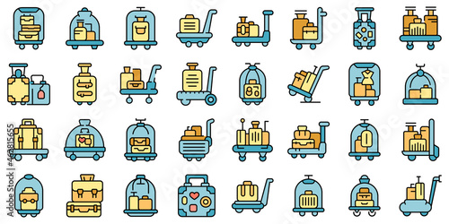 Luggage trolley icons set outline vector. Carriage suitcase. Travel bag