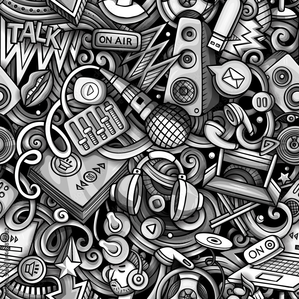 Obraz premium Cartoon doodles Audio content seamless pattern.