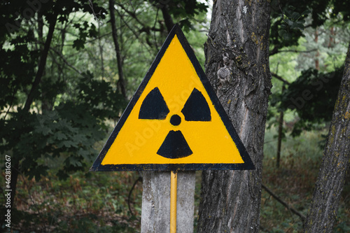 Orange symbol of radioactivity in the Chernobyl exclusion zone in Ukraine
