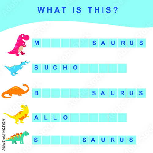 What is dinosaur names worksheet. Dinosaurs printable worksheet. Educational activity for preschool kids. Preschool Education. Early education materials. Vector illustration.