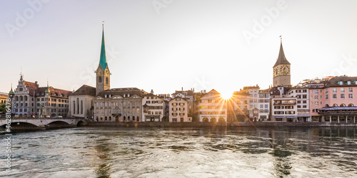 Switzerland, Canton of Zurich, Zurich, River Limmat and old town waterfront buildings at sunset