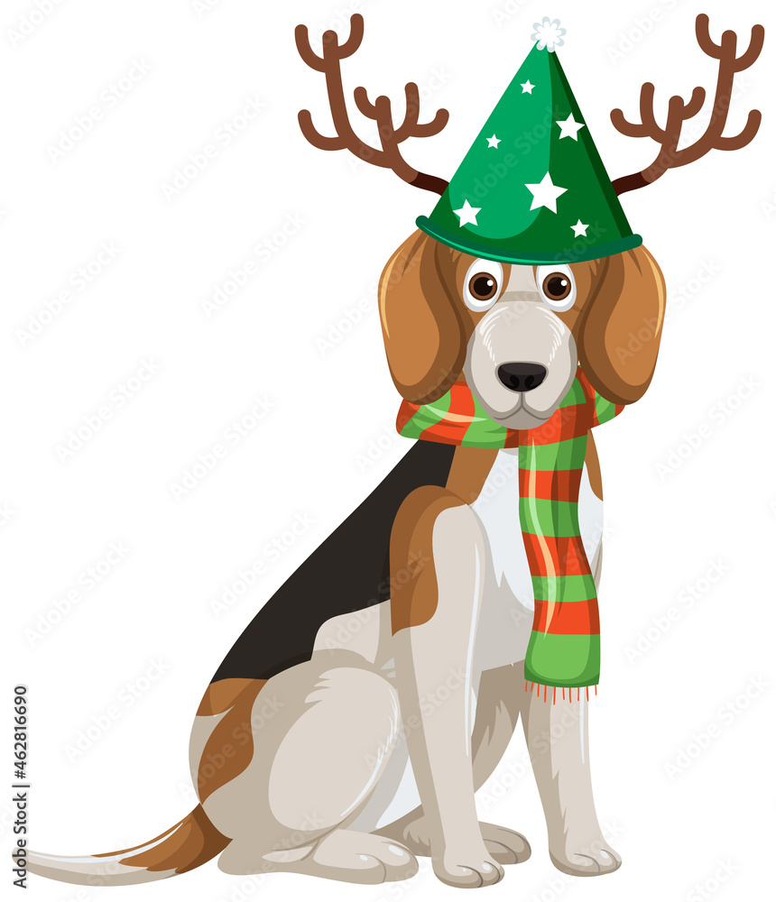 Naklejka premium Beagle Dog wearing Christmas hat cartoon character