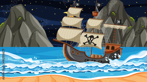Ocean with Pirate ship at night scene in cartoon style