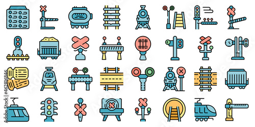 Railway crossing icons set outline vector. Railroad signal. Alert gate
