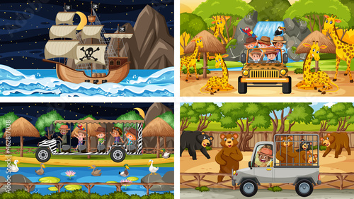 Set of different scenes with animals in the zoo and pirate ship at the sea