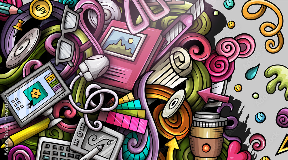 Fototapeta premium Designer hand drawn doodle banner. Cartoon detailed flyer.