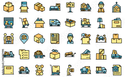 Moving house services icons set outline vector. Storehouse box. Cargo move