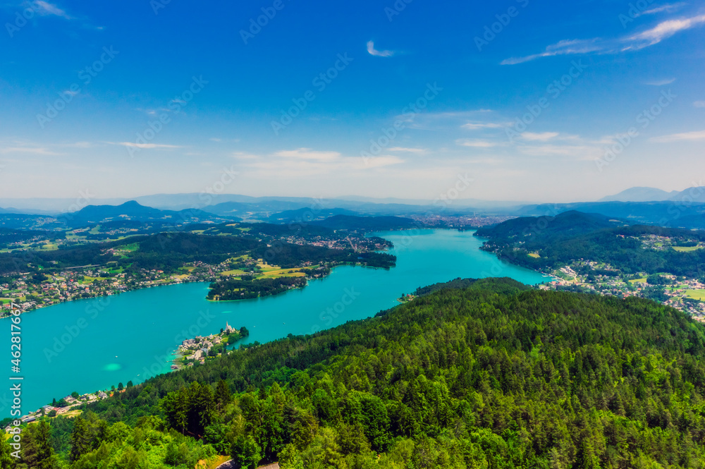 Idyllic high angle view of islands in Lake Worthersee seen from Pyramidenkogel tower Idyllic high angle view of islands in Lake Worthersee seen from Pyramidenkogel tower