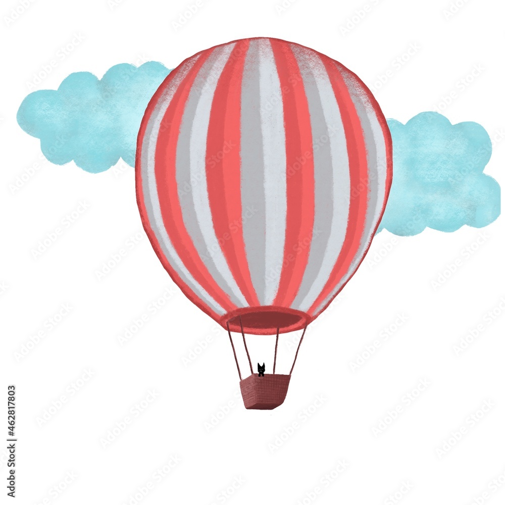 Obraz premium Hot air balloon in sky. The cat-traveler in a ballon. The black cat is flying alone.