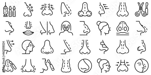 Rhinoplasty icons set outline vector. Human nose. Closed adjustment