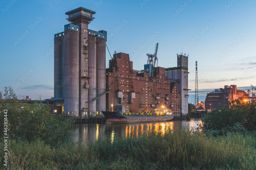 Germany, Hamburg Exterior of Rethespeicher warehouse at dusk