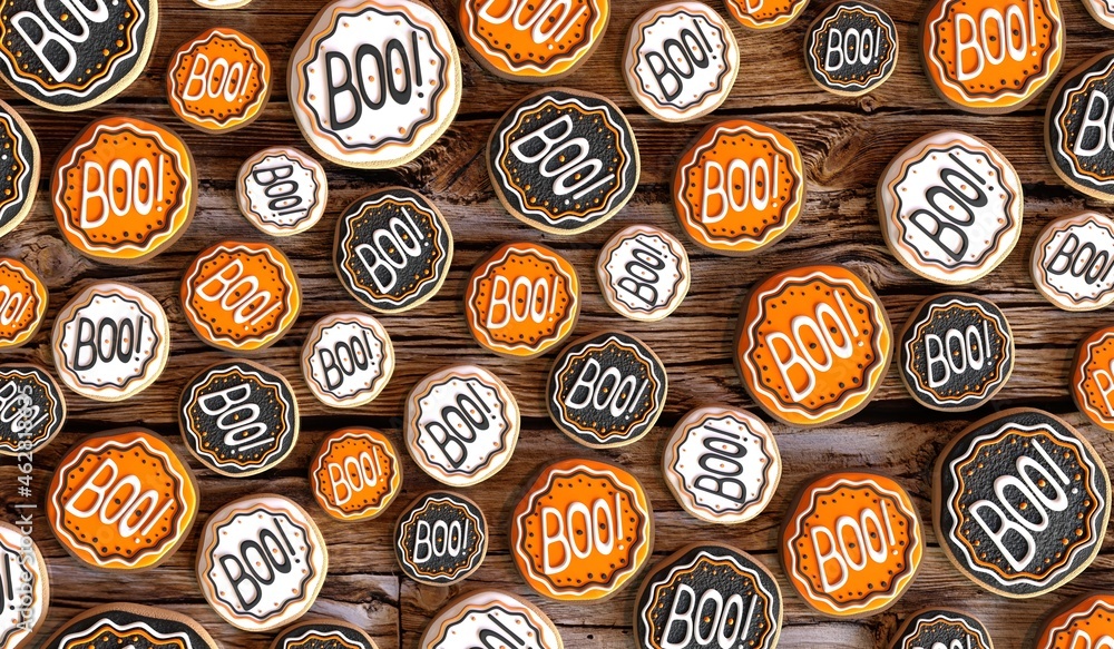 Boo! - Halloween cookies on wooden background - 3D illustration. Boo! - Halloween cookies on wooden background - 3D illustration.