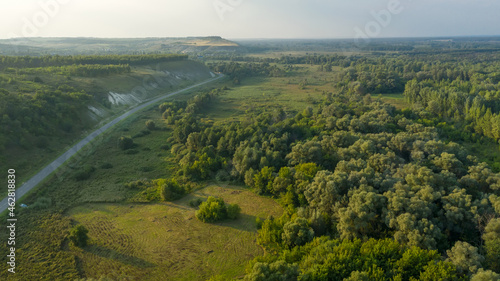 Top view a picturesque view from a drone of the chalk mountains of the Donskoy Belogorie - this is the name of the right bank of the middle Don. Voronezh region, Russia
