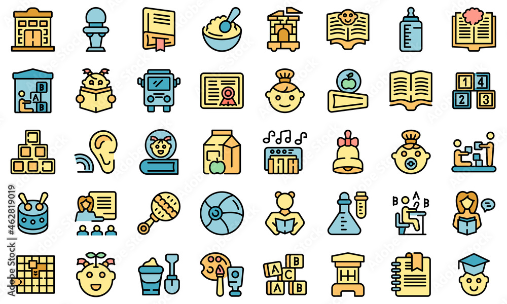 Early educations icons set outline vector. Baby learn. Children school Early educations icons set outline vector. Baby learn. Children school