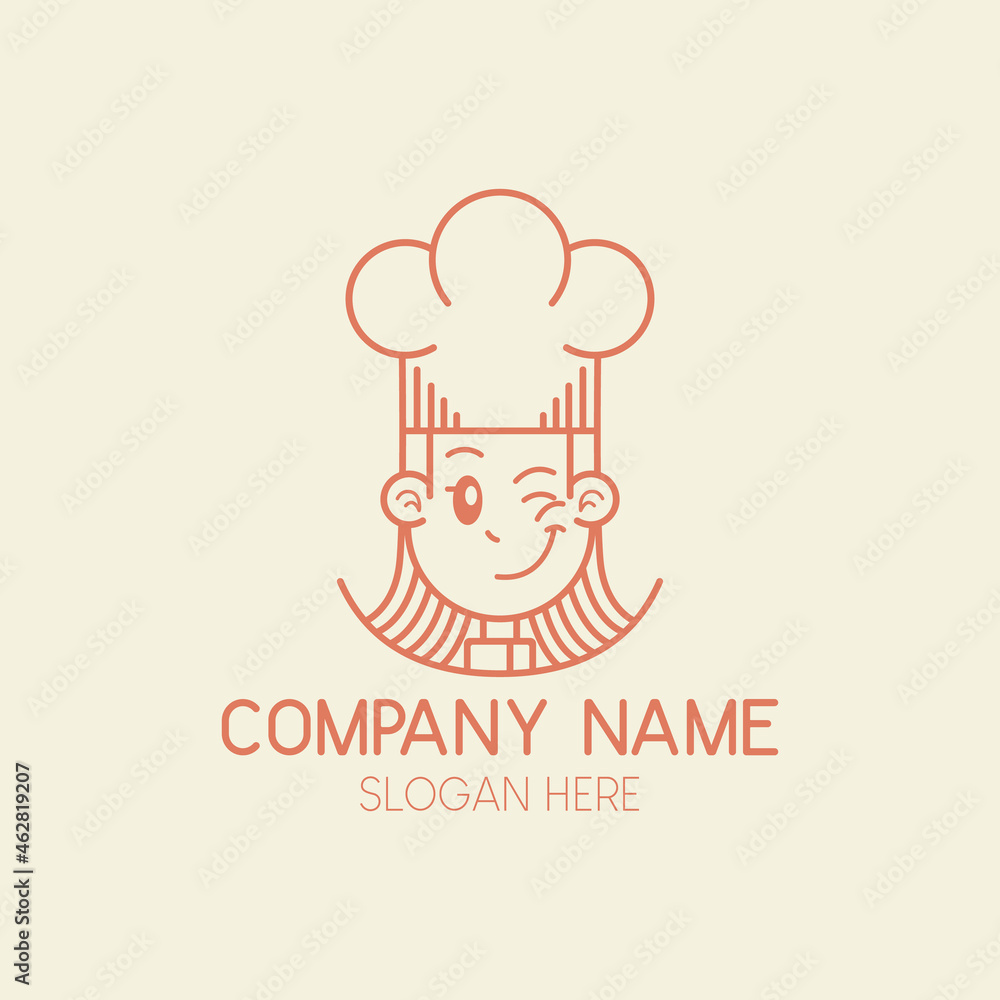the logo of a female chef who smiles while blinking, this girly and playful logo is suitable for a restaurant or cafe logo, can also be used for a logo for children's cooking activities