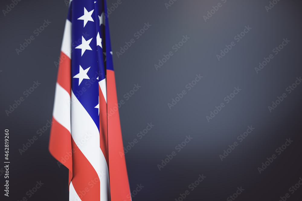 Creative blurry folded american flag on gray background with mock up place. National freedom, celebration, independence and holiday concept. 3D Rendering.