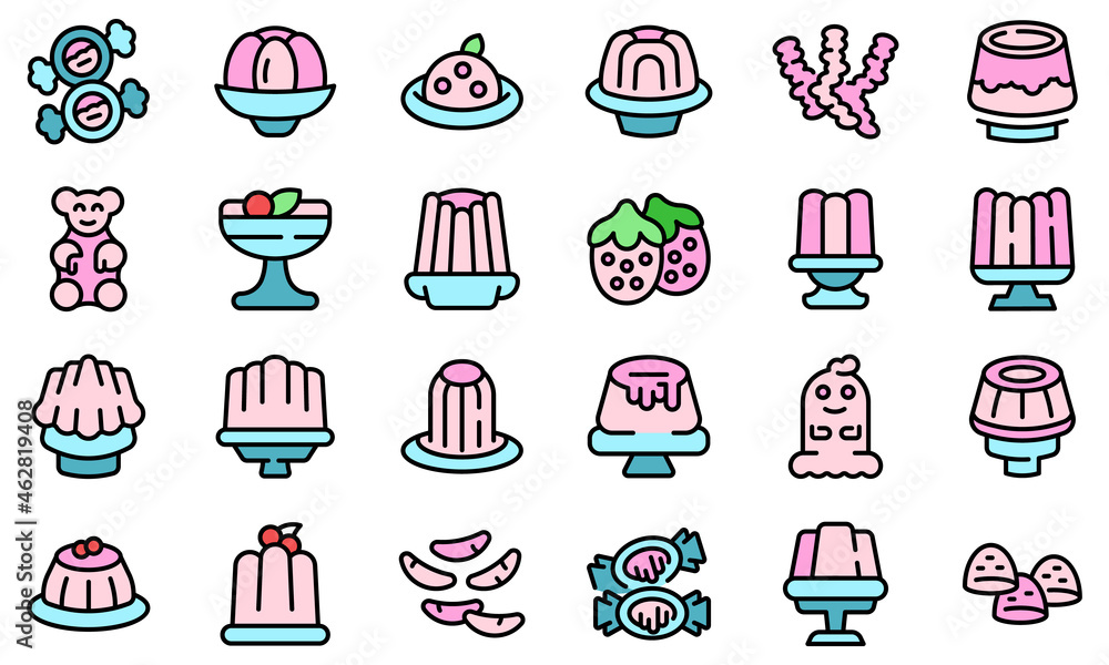 Jelly icons set outline vector. Frozen dessert. Gelatin confectionery Jelly icons set outline vector. Frozen dessert. Gelatin confectionery