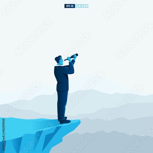 Businessman character looking through telescope on mountain seeing success vision with arrow up. Financial, Return on investment ROI chart increase profit vector illustration concept.