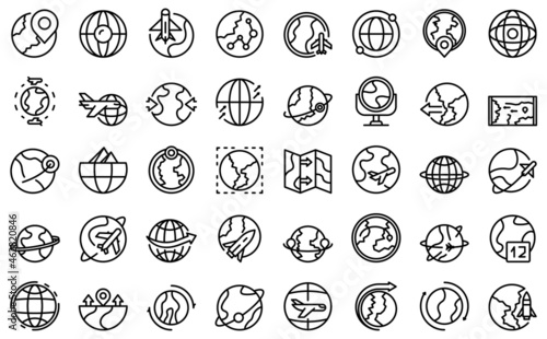 Around the world icons set outline vector. Globe world. Arrow wire