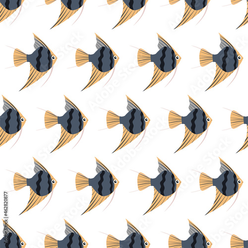 Sea animal seamless pattern with angelfish or scalar. Undersea world habitants print. Hand drawn underwater life vector illustration. Funny cartoon marine animals character for kid fabric, textile.