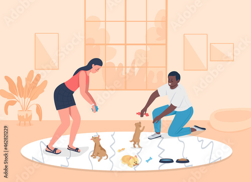 Adopting puppies flat color vector illustration. Woman and man playing with rescued dogs in apartment. Animal care. Couple 2D cartoon characters with orange cozy home interior on background