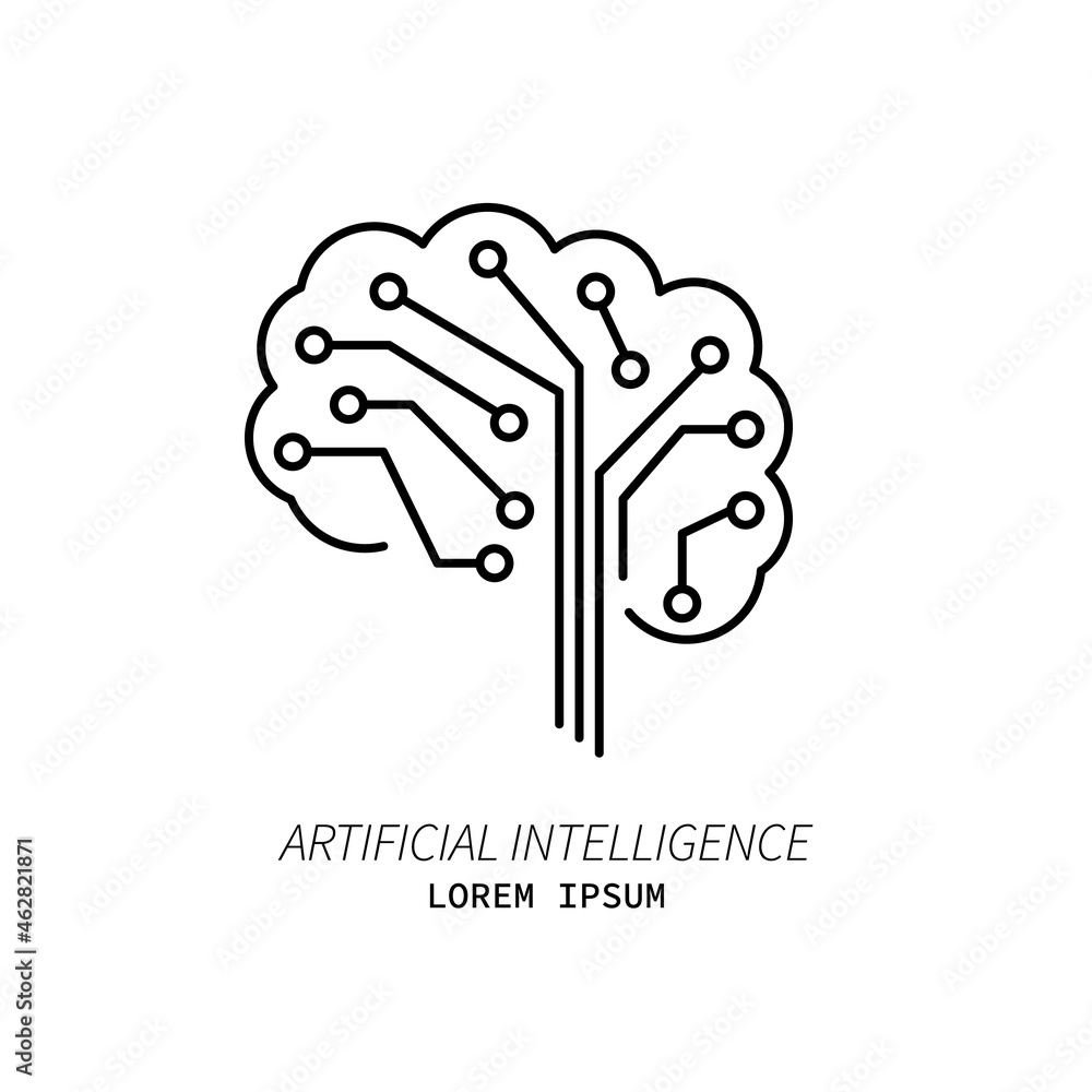 Artificial intelligence and machine learning line icon. Robotic brain ...