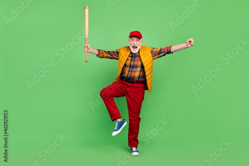 Canvas Print Photo of lucky pretty mature man dressed yellow waistcoat smiling playing baseba