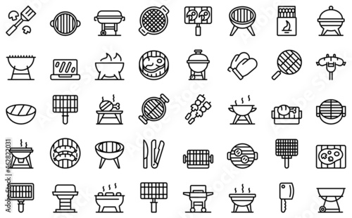 Grill icons set outline vector. Cooking equipment. Food bbq