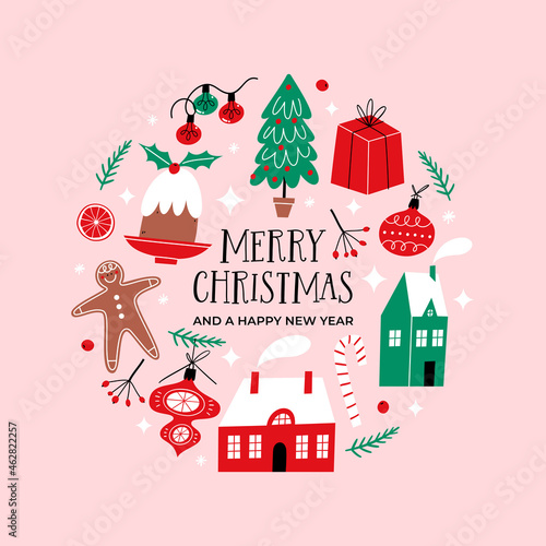 Set of elements for Christmas design. Traditional holiday decorations.