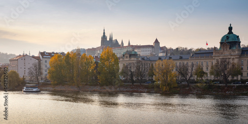 Czech Republic, Prague, Prague Castle and St. Vitus Cathedral seen across river