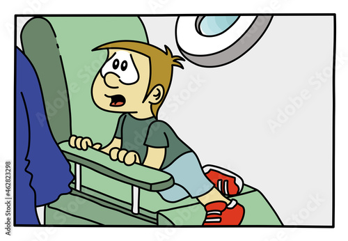 Cute scared boy, child, kid, at the dentist. Hand drawn cartoon style vector illustration.