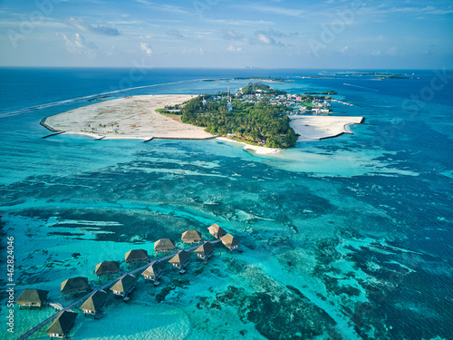 Maldives, Kaafu Atoll, Aerial view of tropical tourist resort on Huraa island