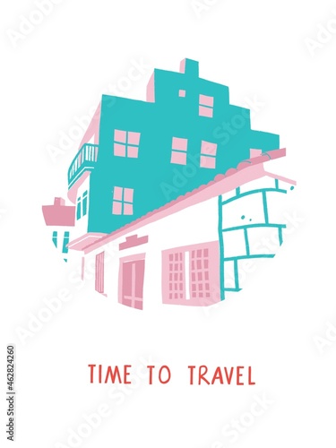 Summer city illustration poster. Cartoon modern illustrations of people and building on the city streets. Freehand drawings for poster, card and cover. Landscape. Architecture illustration.
