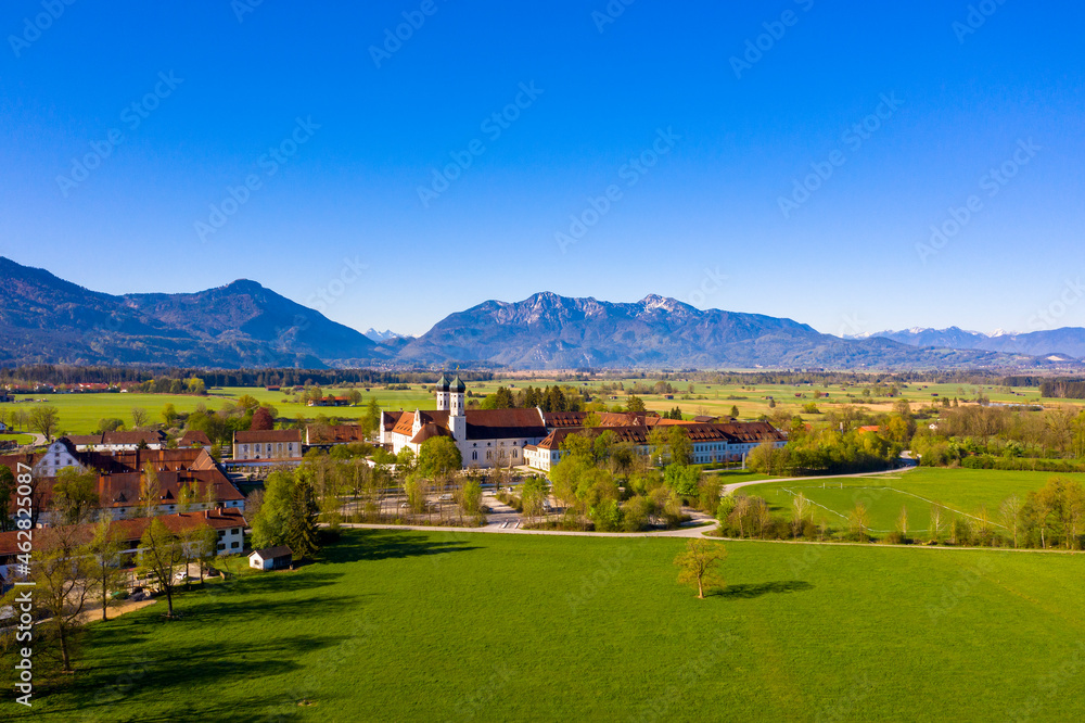 Germany, Bavaria, Benediktbeuern, Drone view of Benediktbeuern Abbey and surrounding village in summer Germany, Bavaria, Benediktbeuern, Drone view of Benediktbeuern Abbey and surrounding village in summer