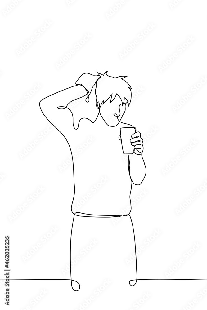man stands with a towel on his head and a glass in his hands - one line drawing. concept of hurry to get to work or school, coffee after shower man stands with a towel on his head and a glass in his hands - one line drawing. concept of hurry to get to work or school, coffee after shower