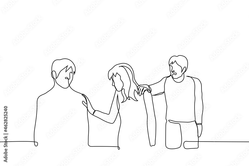 man tries to stop a woman by grabbing her shoulder while she touches another man - one line drawing vector. heterosexual male jealousy concept or a friend warns a friend against dangerous men man tries to stop a woman by grabbing her shoulder while she touches another man - one line drawing vector. heterosexual male jealousy concept or a friend warns a friend against dangerous men