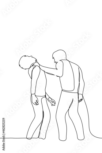 man grabbed another by the throat - one line drawing. super strong man strangles the victim. the concept of physical abuse, strangulation, villain, hazing