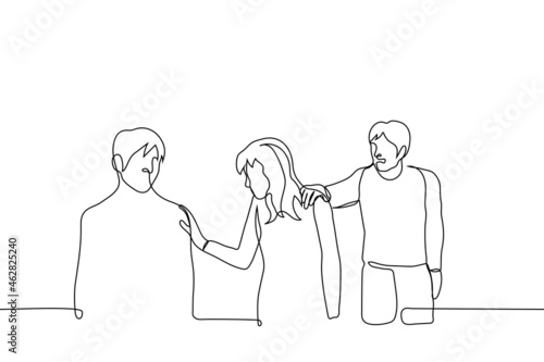man tries to stop a woman by grabbing her shoulder while she touches another man - one line drawing vector. heterosexual male jealousy concept or a friend warns a friend against dangerous men