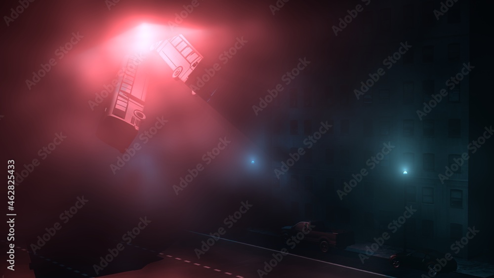 Buses floating in fog , mist. Alien abductions in city. Levitating vehicles enter interdimensional portal.
Lost , missing city buses rising into light beams , volumetric rays. 3d render illustration Buses floating in fog , mist. Alien abductions in city. Levitating vehicles enter interdimensional portal.
Lost , missing city buses rising into light beams , volumetric rays. 3d render illustration