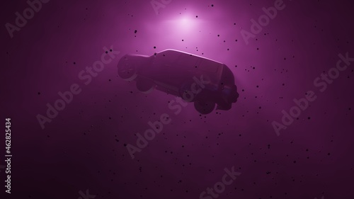 Car floating in fog, water, mist. Astral plane. Silhouette. 3d render illustration with subtle volumetric light rays photo