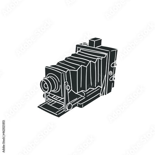 Old Camera Icon Silhouette Illustration. Photographic Vector Graphic Pictogram Symbol Clip Art. Doodle Sketch Black Sign.