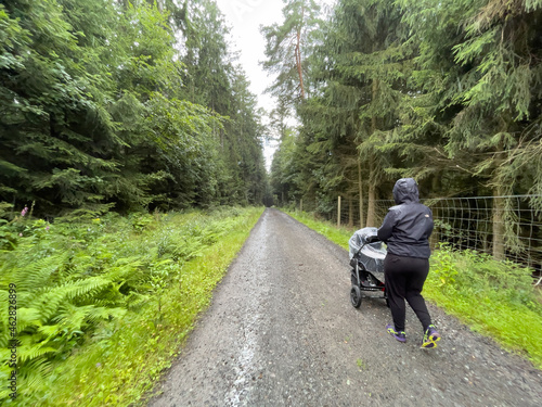 junge Mutter mit Kinderwagen auf einem Waldweg an einem regnerischen Nachmittag
