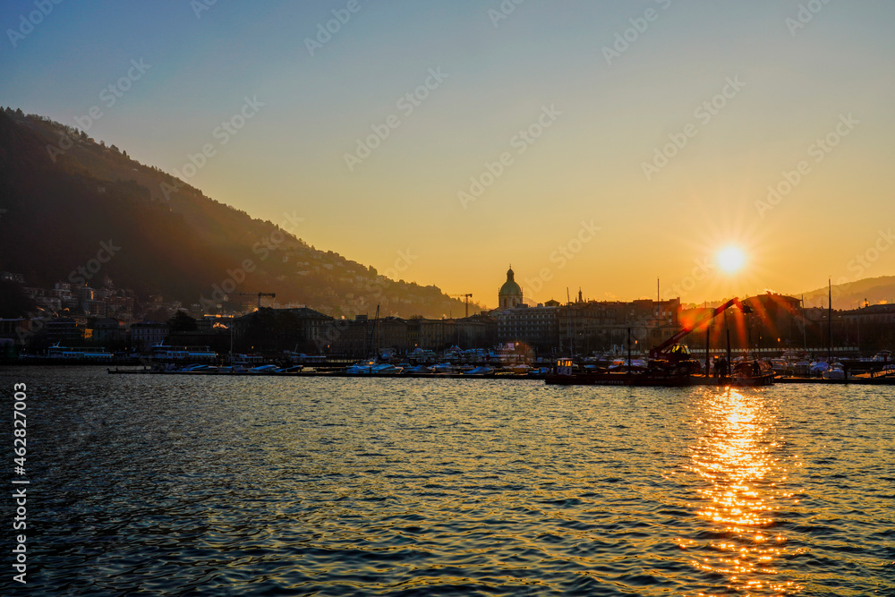 Como at sunrise in winter, Lombardy, Italy Como at sunrise in winter, Lombardy, Italy