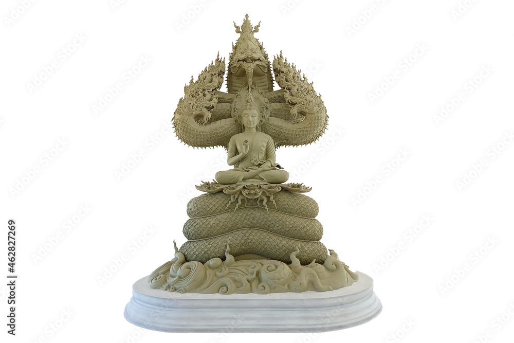 Buddha protected by the hood of the mythical king naga isolated - obrazy, fototapety, plakaty 