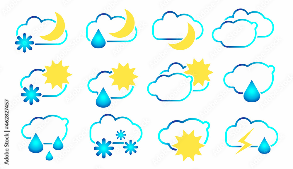 Obraz premium Vector flat, linear set of symbols and signs for weather forecast. Clouds, rain, sun, snowflakes, etc. are depicted. You can use elements in web design, banners, etc.