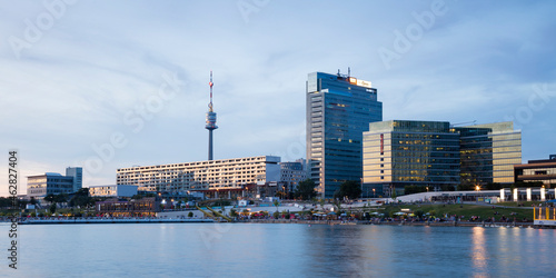 Austria, Vienna, Copa Beach with Danube Tower and office skyscrapers in background