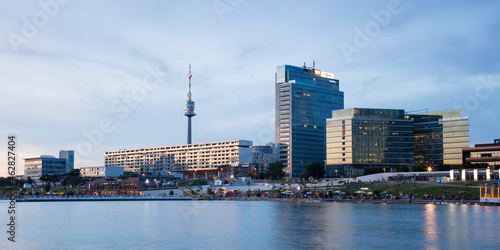 Austria, Vienna, Copa Beach with Danube Tower and office skyscrapers in background photo