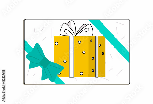 Vector illustration with an isolated element, discount, gift card with an image of a gift box and ribbon. The concept of holiday promotions, sales, sales, sweepstakes, etc.