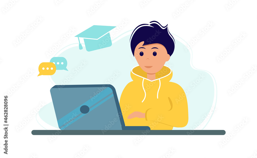 Online education during coronavirus outbreak concept. Boy studying with laptop and books. Stay at home. Self-isolation. Illustration in flat style Online education during coronavirus outbreak concept. Boy studying with laptop and books. Stay at home. Self-isolation. Illustration in flat style