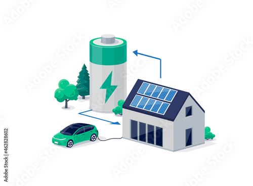 Photo Home virtual battery energy storage with house photovoltaic solar panels on roof and rechargeable li-ion electricity backup